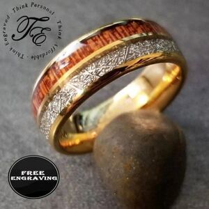 Personalized Men's Tungsten Wedding Ring - Whiskey Barrel Wood and Meteor Inlays
